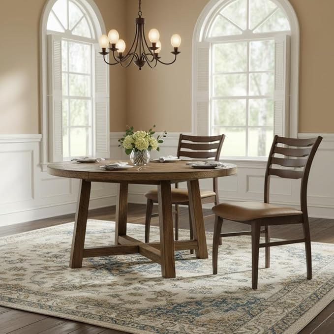 DUOMAY Farmhouse Dining Chairs Set of 2, PU Brown Upholstered Side Chairs Solid Wood Ladder Back Kitchen Chairs for Home Dining Room, Walnut Frame