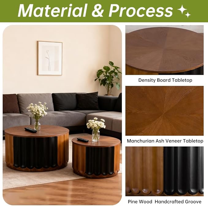 26" Round Nesting Coffee Table Set of 2 with Storage, Modern Round Wood Fluted Coffee Tables with Storage for Living Room Nesting End Table for Small Space (B Walnut)