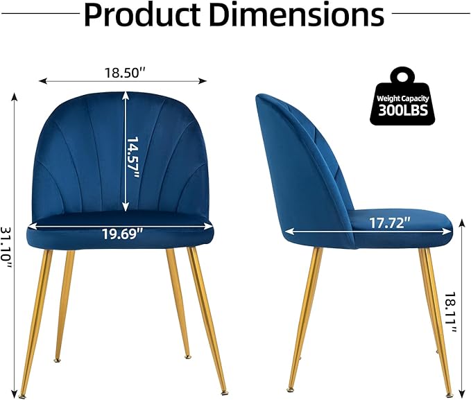Velvet Dining Chairs Set of 4, Upholstered Mid Century Modern Dining Chairs, Armless Accent Chair with Metal Gold Legs for Living Room, Kitchen, Dining Room, Blue