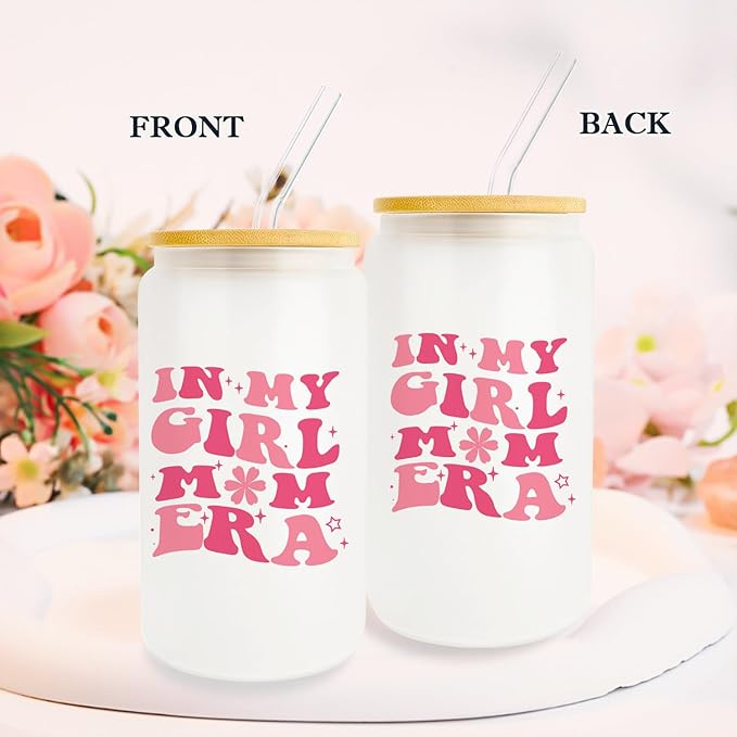 Gifts For Girl Mom, Girl Mom Gifts For Mom, New Mom, Gifts For a Mom of Girls, 16oz Glass Cup with Lid and Straw, Birthday Gifts For Pregnant Mom, Expecting Mom, Mama, Mom To Be