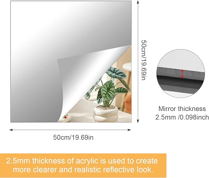DARENYI 20x20 in Acrylic Mirror Sheet for Wall, 2.5mm Thick Unbreakable Non Glass Body Mirror Tile Self Adhesive Mirror Stickers Rectangular Wall Mirror for Bathroom Bedroom Home Gym Door Decor