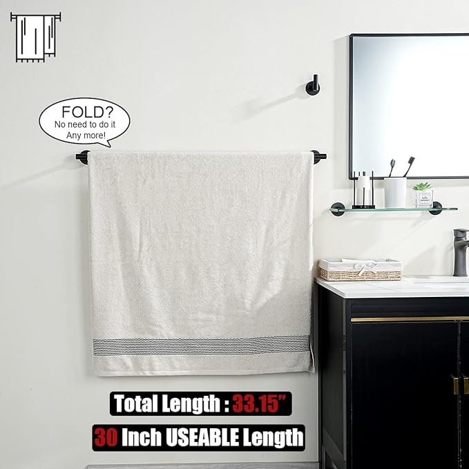 JQK Black Bath Towel Bar, 33 Inch 304 Stainless Steel Thicken 0.8mm Towel Rack Bathroom, Towel Holder Matte Black Wall Mount, Useable Length 30 Inch 2 Pack, TB110L30-PB-P2