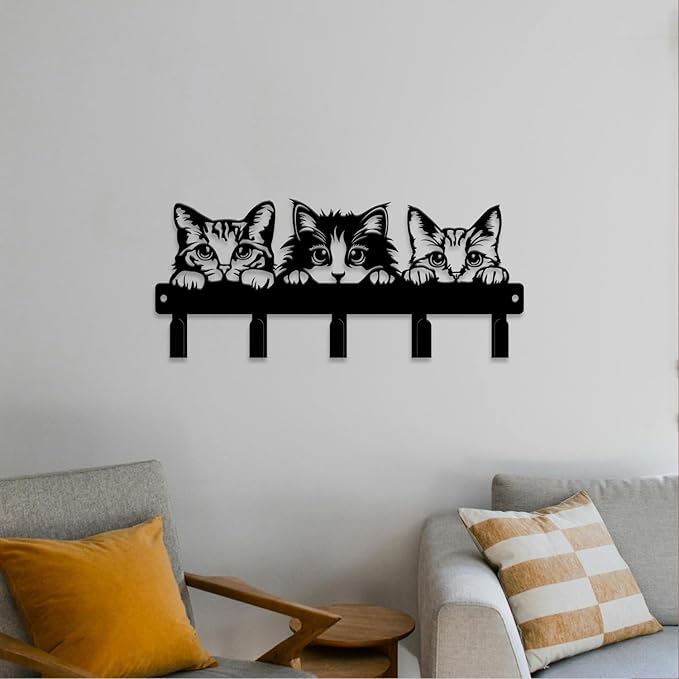 magilab Cat-Themed 10-Inch Iron Key Hooks with 5 Hooks, Black Wall Organizer - Cute Cat Design for Home Decor, No Drill & Screw-in Options (Style A)