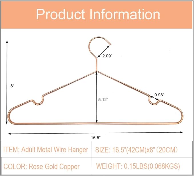 16.5" Rose Gold Copper Clothes Hangers - 10 Pack,Heavy Duty Strong Metal Hanger for Storage Display Sling Organization of Coat Shirts Dresses Jacket Elegant Standard Suit Accessory