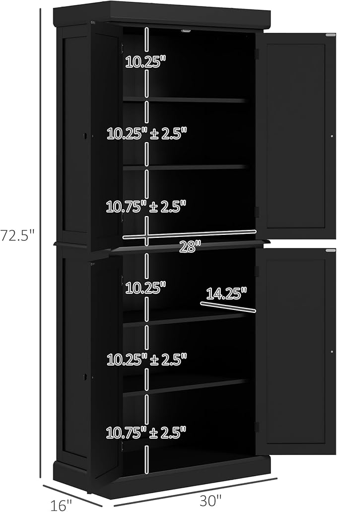 HOMCOM 72.5" Freestanding Kitchen Pantry Cabinet, Tall Storage Cabinet with 4 Doors and 2 Adjustable Shelves for Dining Room, Black