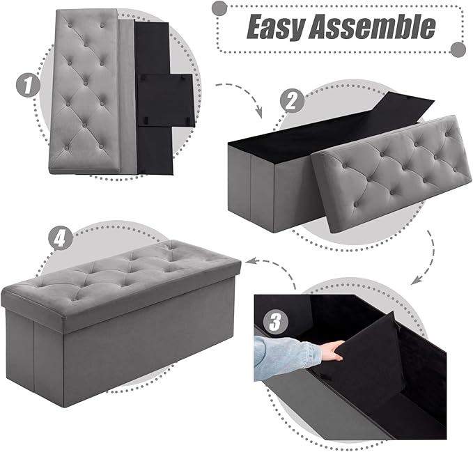 BRIAN & DANY 43 Inches Ottoman with Storage, Velvet Storage Ottoman Bench, End of Bed Benches, Folding Ottomans for Bedroom, Living Room and Entryway (Gray)