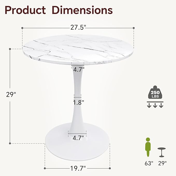 Small Space 27.5 Inch White Faux Marble Round Tulip Dining Table - Mid Century Pedestal Base Kitchen Table for 2-4 People - Easy Assembly & Easy to Clean