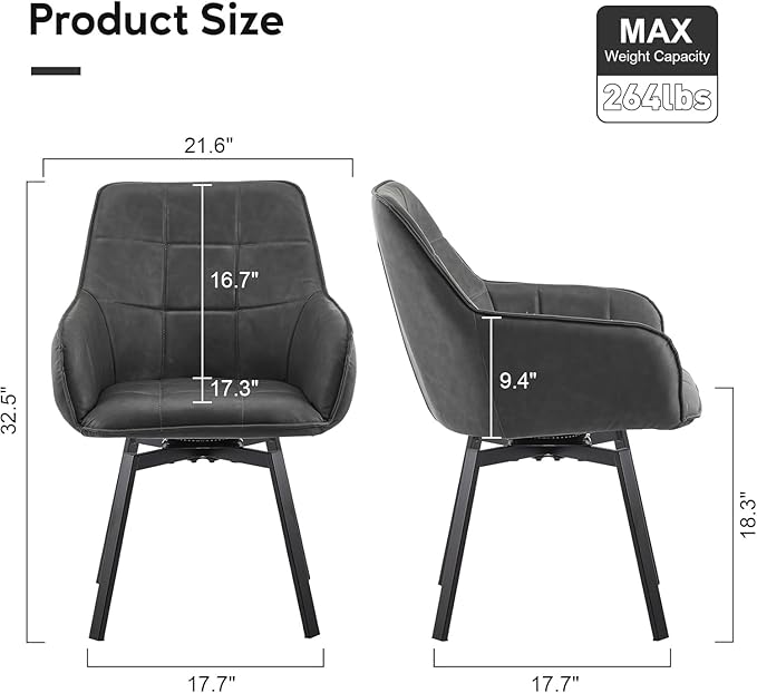 TUKAILAi Modern Swivel Armchairs Set of 6, Faux Leather Upholstered Accent Dining Chairs with Metal Legs, Rotatable Desk Chair for Home Office Kitchen Vanity Guest Reception Restaurant (Grey)
