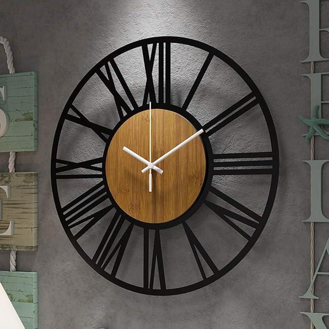 1st owned Wall Clocks for Living Room Decor,24" Vintage,Round Silent Non Ticking,Black Metal,Modern Wood Clocks for Home Bedroom,Kitchen,Garden,Office,Cafe,Modern Wall Decoration -Roman Numerals