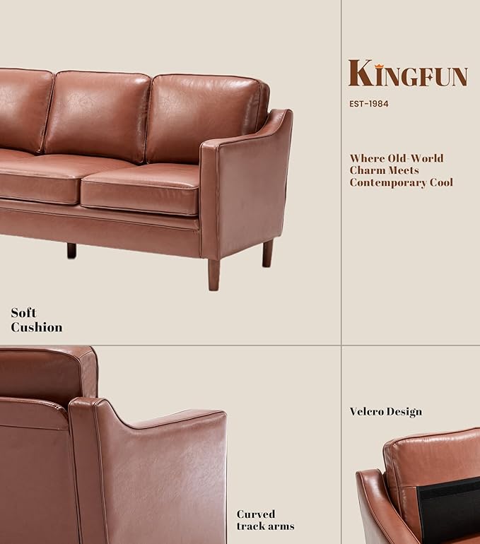Kingfun 80" Faux Leather Sofa, 3 Seater Couch, Mid Century Modern Couches with Solid Wood Frame for Living Room & Bedroom, Dark Brown