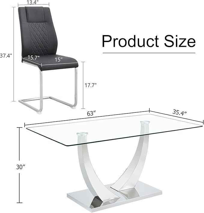 AZmac 63” Glass Dining Room Table Set for 6, Modern Kitchen Table and Chairs Set of 6, Dining Sets with Rectangular Tempered Glass and Sturdy Silver Chrome Base, for Kitchen Home