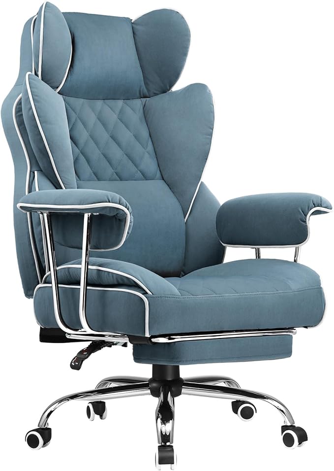 COMHOMA Big and Tall Gaming Chair with Pocket Spring Lumbar Support, Ergonomic Office Chair with Footrest, Executive Desk Chair with Outward Fixed Soft Armrests, Computer Chair with High Back, Blue