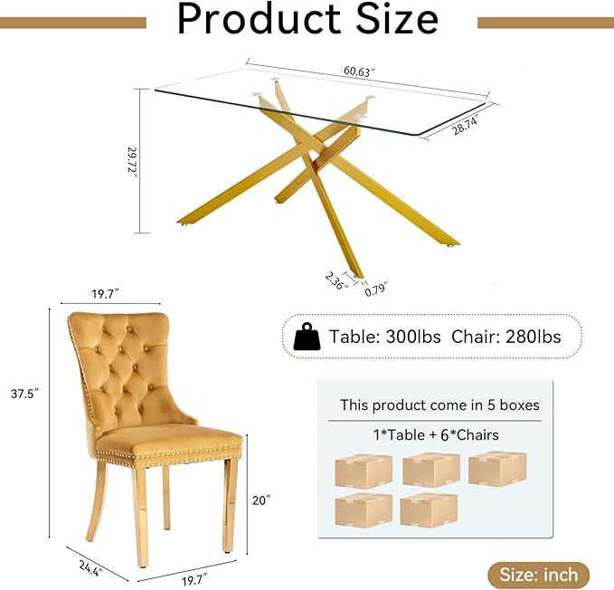Goujxcy 7 Piece Glass Dining Table Set Modern Glass Dining Table Set for 6, 61" Rectangular Kitchen Table and 6 Velvet Upholstered Chairs, Gold Table & Gold Chair