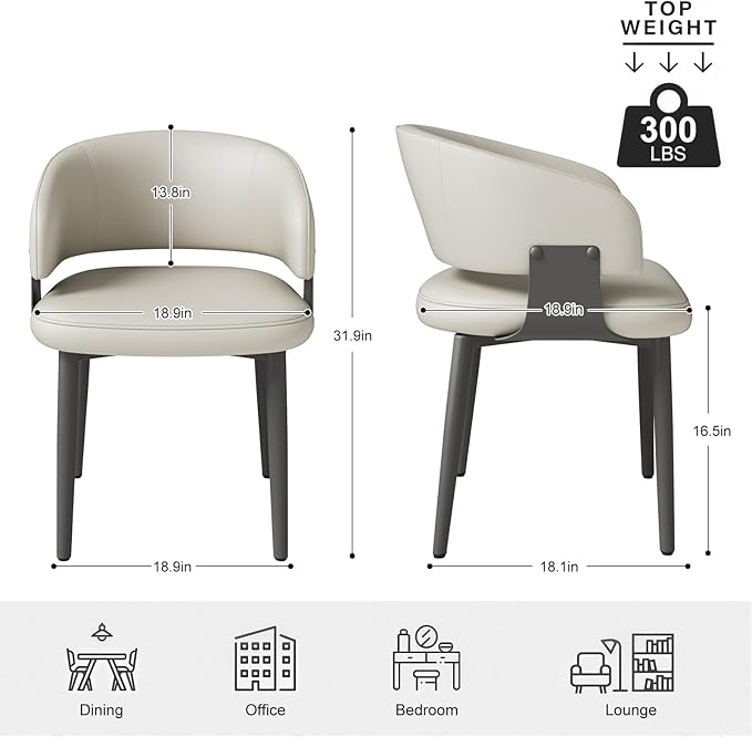 Modern Dining Chairs Set of 2, Faux Leather Upholstered Kitchen Chairs with Curved Back and Metal Legs, Mid Century Chairs for Dining Room, Kitchen, or Café (Light Gray)