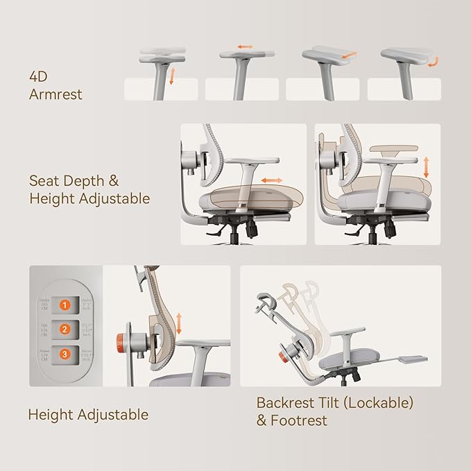Newtral Ergonomic Office Chair - Home Office Desk Chair with Footrest, with Auto-Following Lumbar Support, 4D Armrest, Adjustable Seat Depth & Height