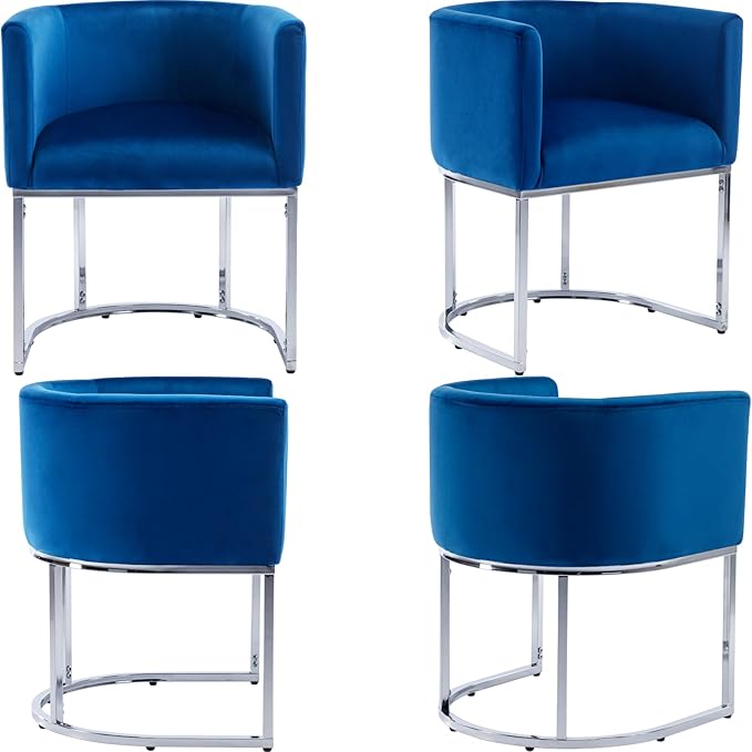 Velvet Dining Chairs Set of 4 Modern Barrel Arm Chairs with Chrome Metal Frame, Upholstered Kitchen Chairs 18.5" Wide Accent Chairs for Living Room Dining Room Restaurant, Blue