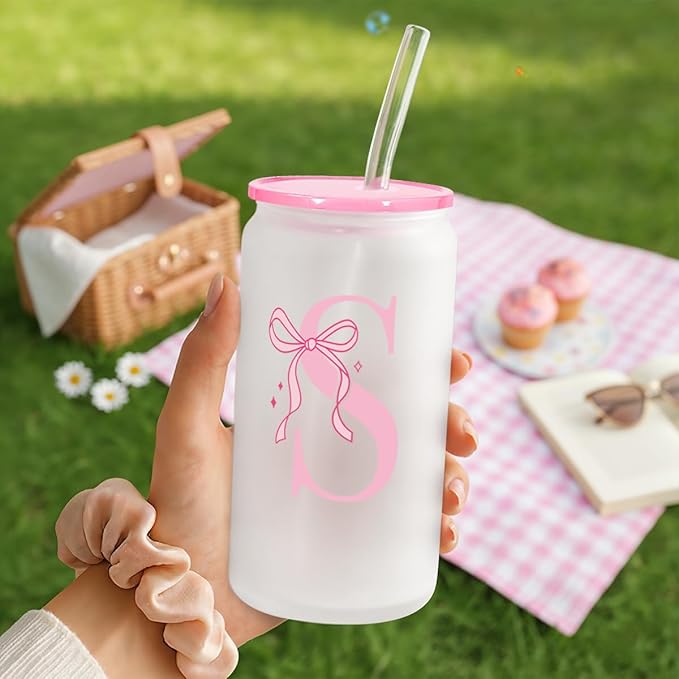 SANDJEST Monogrammed Glass Drinking Can Cup with Acrylic Lid and Straw, Personalized Frosted Iced Coffee Tumbler 16oz, Monogram Initial Gifts for Women Girls on Birthday (S)