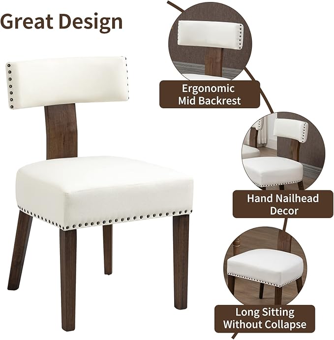 Upholstered Wooden Farmhouse Dining Chairs Set of 2, Mid-Century Modern Fabric Dining Room Chairs with Wood Legs, Curved Backrest Kitchen Armless Accent Chairs for Living Room, Beige