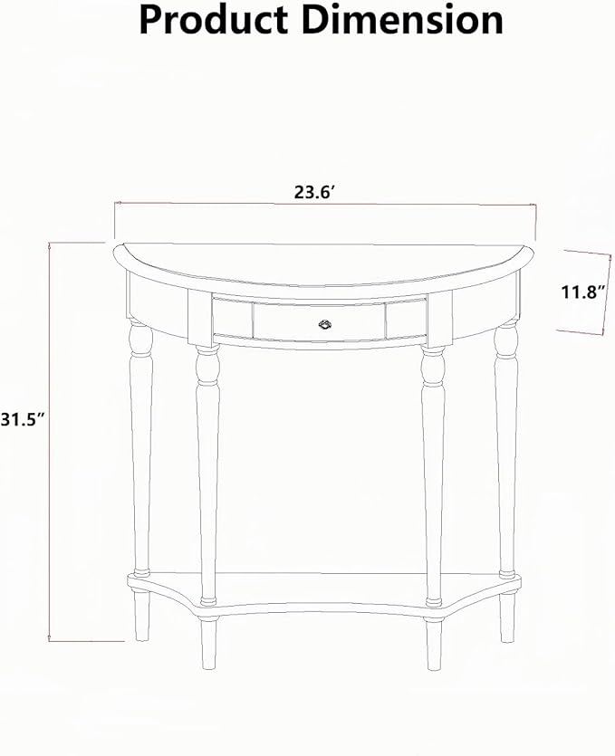 Solid Wood Console Table with Drawer, Semi-Circle Entryway Storage Shelf, Half-Moon Porch Table Side Elegant Vintage Sofa for Living Room (White (23.6" L x 11.8" W x 31.5" H))