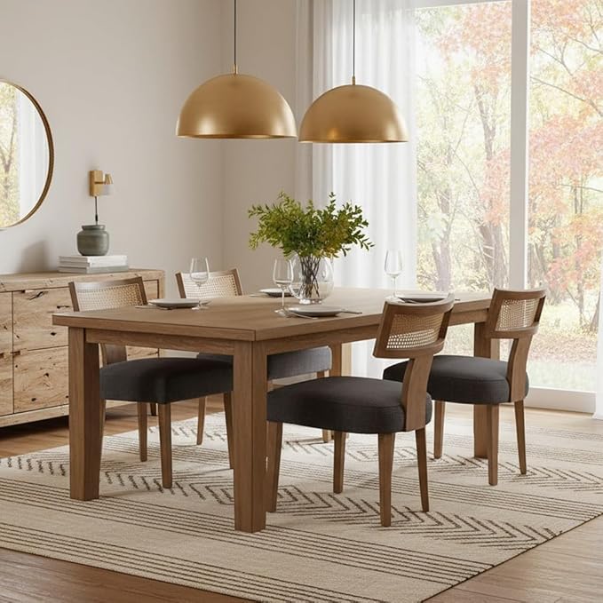 Rattan Dining Chairs Set of 4, Modern Fabric Upholstered Kitchen Chairs, Wooden Dining Room Chair Farmhouse Dinner Chair, Charcoal