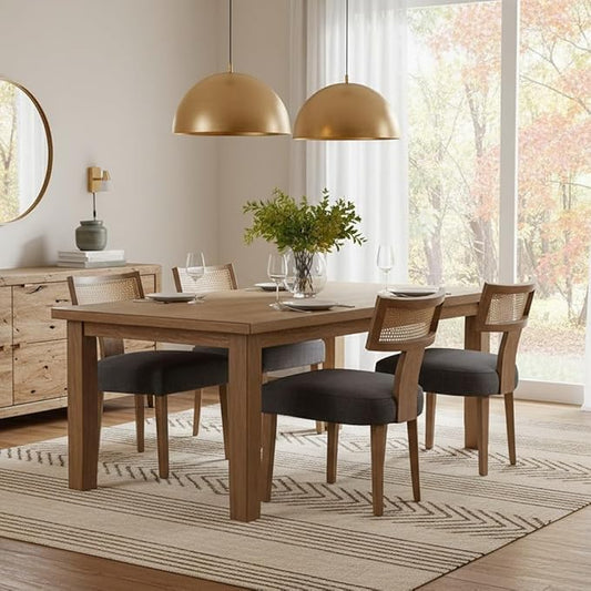 Rattan Dining Chairs Set of 4, Modern Fabric Upholstered Kitchen Chairs, Wooden Dining Room Chair Farmhouse Dinner Chair, Charcoal