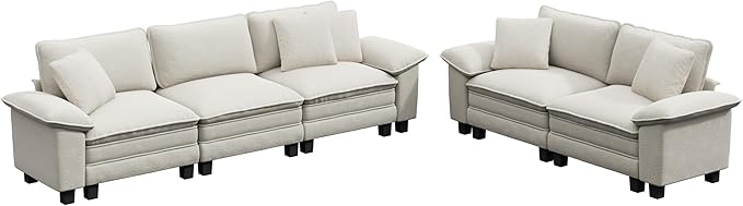 L-Shaped Cloud Modular Sofa Set with Chaise Lounge, 5-Piece Sectional & Deep Seat, Plush Chenille w/Removable Arms for Living Room - Beige