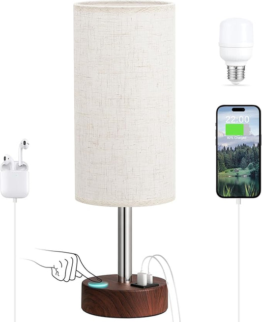 Dicoool Touch Bedside Table Lamp with USB - 3 Way Dimmable Redwood Lamps for Bedroom Nightstand, Desk Lamp with Charging Station for Dorm, Living Room, Office, Kids Room, Nursery