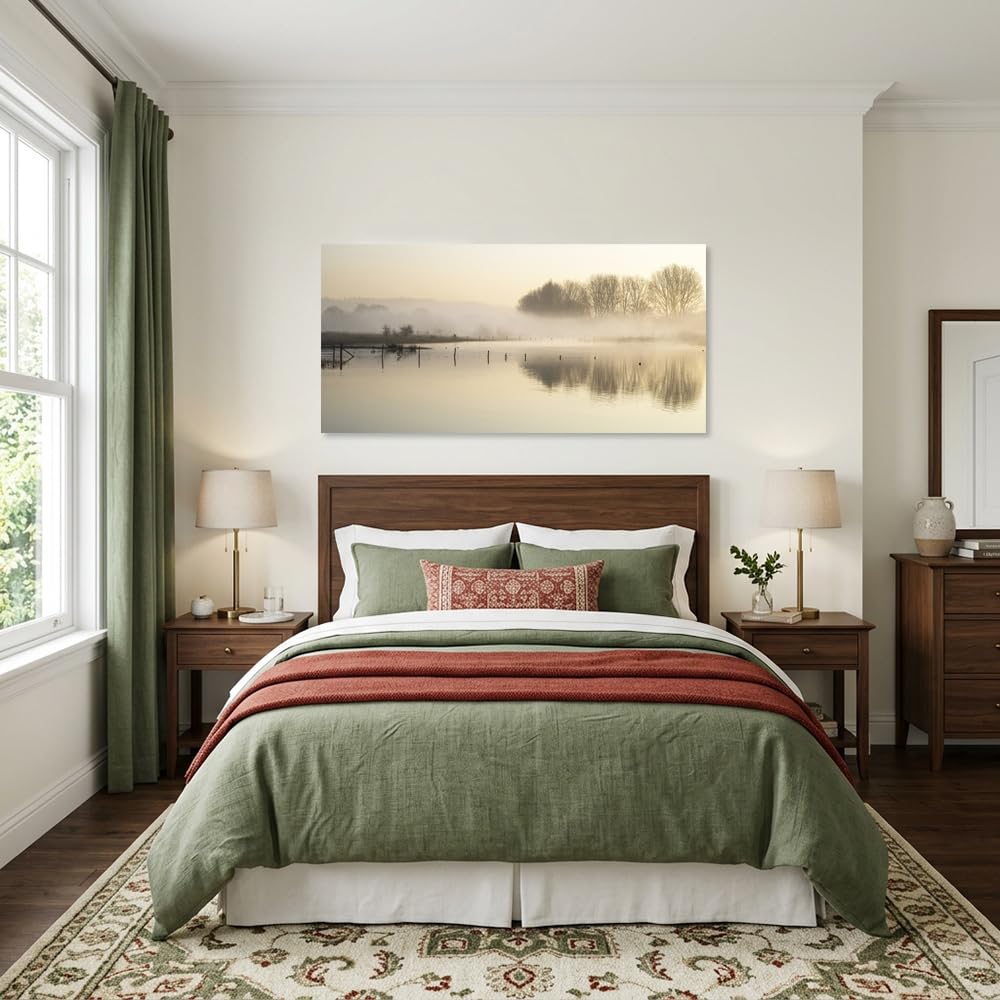 TEKMENT Beige Lake landscape Wall Art for Bedroom Canvas Painting Prints Beautiful Woods Morning Mist Fishing Nets Warm Yellow Art Deco Nature Artwork Office Family Decor