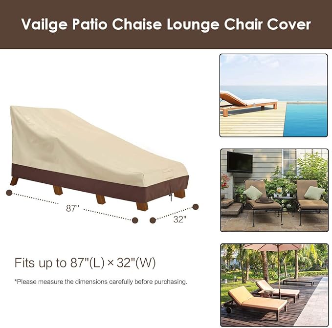 Vailge Waterproof Patio Chaise Lounge Cover, 600D Heavy Duty Outdoor Lounge Chair Covers,UV Resistant Patio Furniture Covers,2 Pack-Large ,Beige & Brown