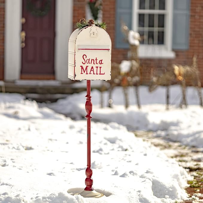 42" Tall Metal Standing Santa's Mail Christmas Mailbox with Light-up LED Wreath (White Top)