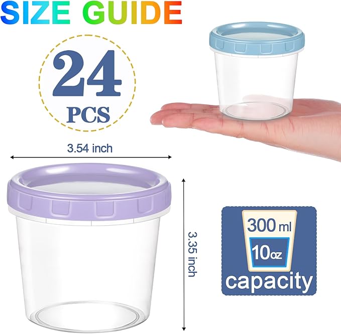 24pcs 10 oz Plastic Containers with Screw Lids, Reusable Clear Food Storage Containers with Pen and Brush for Snack Salad Fruit, Leakproof Small Freezer Container, Microwave & Dishwasher Safe