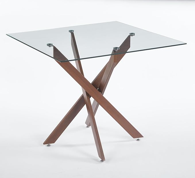 36" Square Dining Table for 4, Modern Glass Kitchen Table for 4 with Walnut X Metal Legs, Contemporary Small Glass Dining Room Leisure Tables for Kitchen Apartment