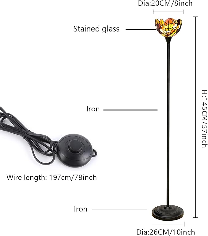 Tiffany Floor Lamp Tochiere Standing Lamp Yellow Grapes Style Stained Glass Floor Light Vintage Tall Pole Uplight Rustic Corner Lamp with Foot Switch for Home Decor Living Room Bedroom