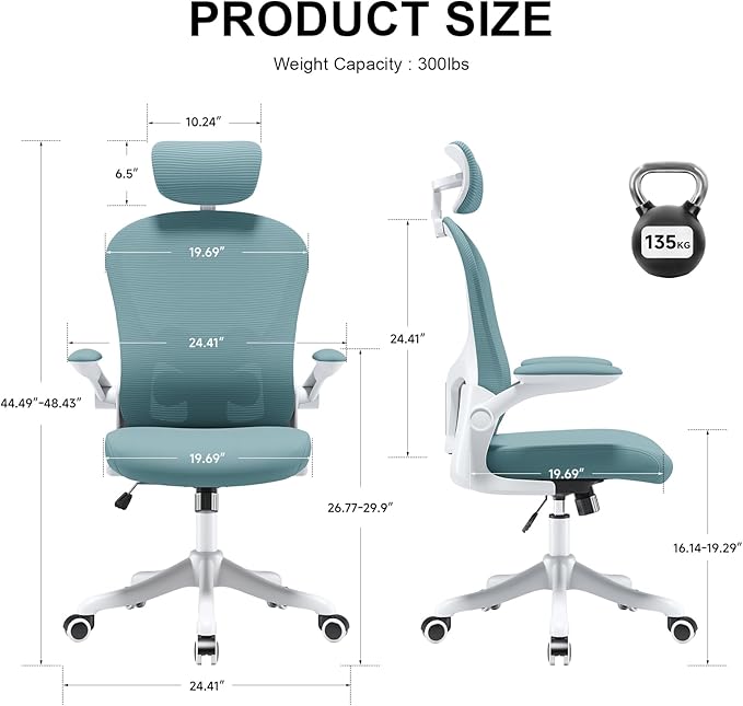 Ergonomic Office Chair with Adjustable Lumbar Support and Headrest, High Back Mesh Desk Chair for Home Office,Flip-Up Arms 90-120° Tilt Lock Rolling Swivel Task Chairs (White-Blue6065)
