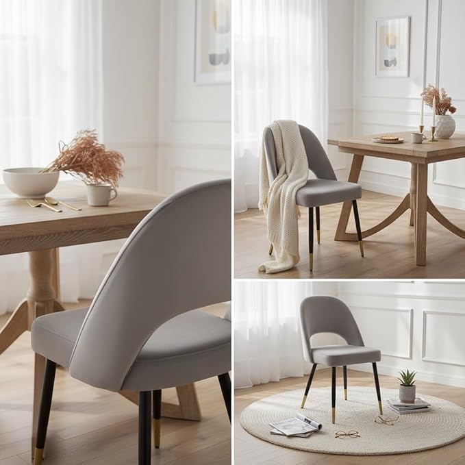 LukeAlon Modern Velvet Dining Chairs Set of 2, Upholstered Open Back Kitchen Chairs with Metal Legs Armless Side Chairs Mid Century Parsons Chair for Dining Room, Grey