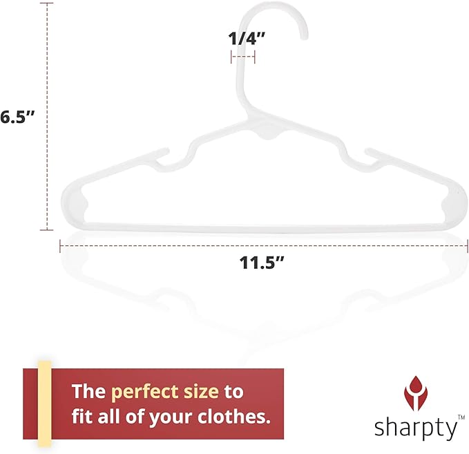 Sharpty Kids Plastic Hangers, Children's Hangers for Baby, Toddler, and Child Clothes - Everyday Standard Use - Ideal for Boys and Girls Closet, Clothing, Pants, Coats, and More - White, 60 Pack