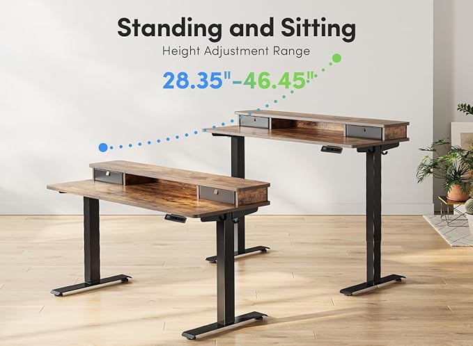 FEZIBO 63 x 28 Inch Deeper Height Adjustable Electric Standing Desk with Double Drawers, Sit Stand Up, Home Office Computer Desk with 4 Height-Adjustable Feets & 2 Hooks, Black Frame/Rustic Brown Top