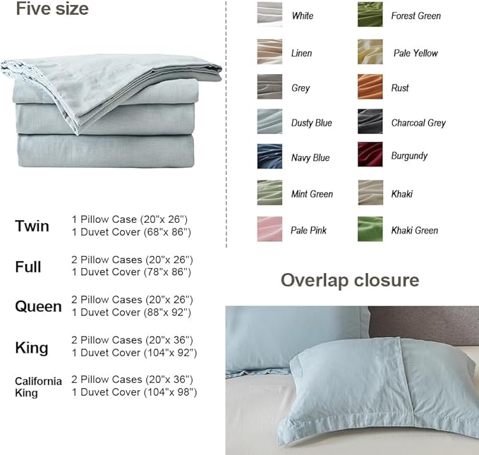 Simple&Opulence French Linen Duvet Cover Set 78" x 86"- 3 Pieces (1 Comforter Cover,2 Pillowcases)- Natural Flax Cotton Blend-Solid Color Breathable Farmhouse Bedding-Dusty Blue, Full
