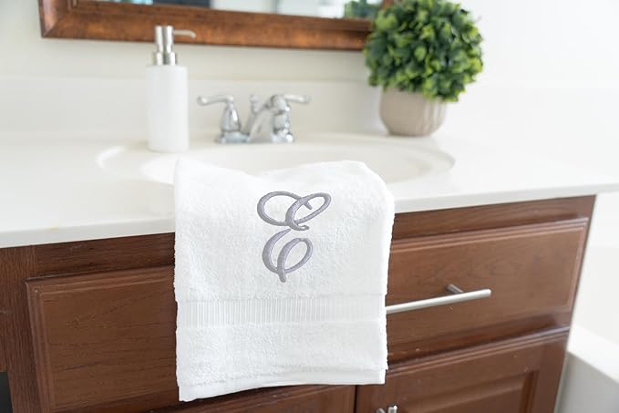 White Monogrammed Hand Towels for Bathroom - Luxury Hotel Quality Personalized Initial Embroidered Towel for Powder Room, Spa - GOTS Organic Certified - Set of 2 Silver Letter E