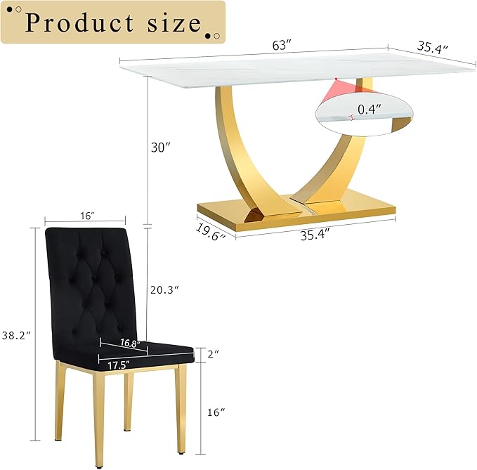 AZmac 63" Modern Dining Table Set for 4, White Dining Room Set for 4, Tempered Glass Kitchen Table and Velvet Chairs, Marble Pattern Top with Sturdy Gold Chrome Base