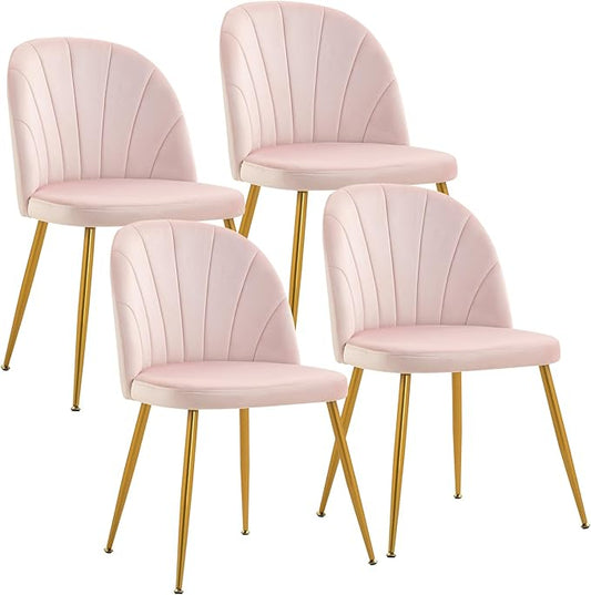 Velvet Dining Chairs Set of 4, Upholstered Mid Century Modern Dining Chairs, Armless Accent Chair with Metal Gold Legs for Living Room, Kitchen, Dining Room, Pink