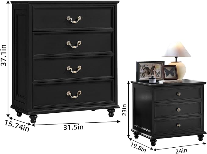 24" Wide Farmhouse Nightstand Set of 2, 37" Tall Rustic Chests of Drawers w/ 4 Solid Wood Feet, Farmhouse Furniture Series for Living Room,Bedroom,Black