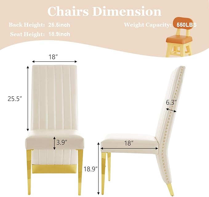 White and Gold Dining Chairs Set of 2, Glam White Leather Dining Chair with Nailhead Trims, High Back Dining Room Chairs