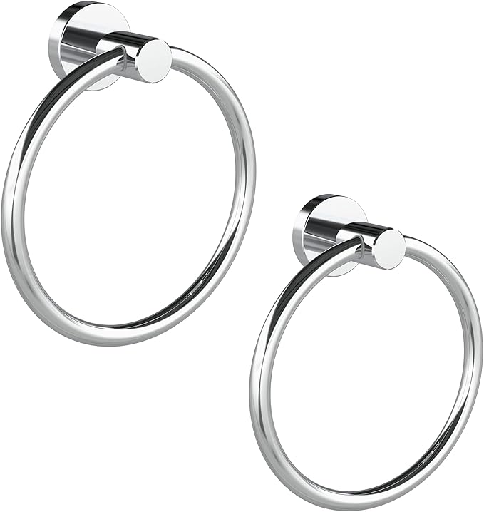 Chrome Hand Towel Holder for Bathroom (2 Pack) Kitchen Towel Ring Modern Rounded Base Wall Mount SUS304 Stainless Steel