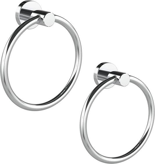 Chrome Hand Towel Holder for Bathroom (2 Pack) Kitchen Towel Ring Modern Rounded Base Wall Mount SUS304 Stainless Steel