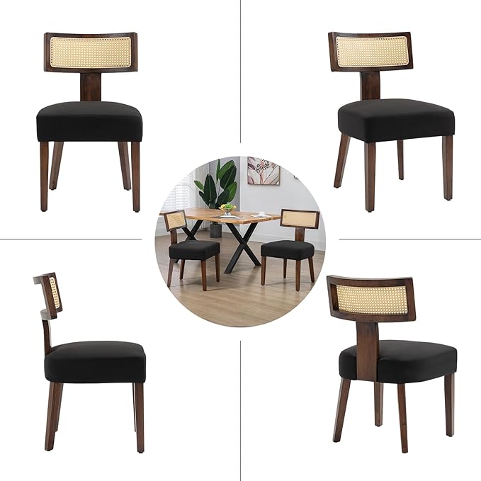 Upholstered Rattan Dining Chairs Set of 2, Mid-Century Modern Fabric Dining Room Chairs with Brown Hardwood Frame, Curved Backrest Kitchen Armless Accent Chairs for Living Room (Black)