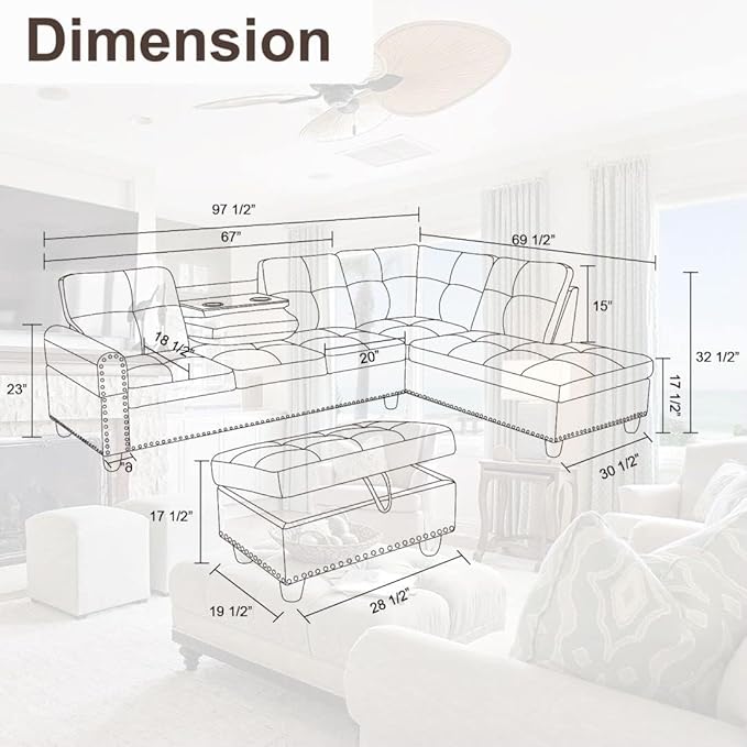 Large Storage Ottoman Sectional Sofa, L-Shaped Couch with Reversible Chaise, Space Saving Design, Gray Fabric with Accent Pillows. (Light Gray)