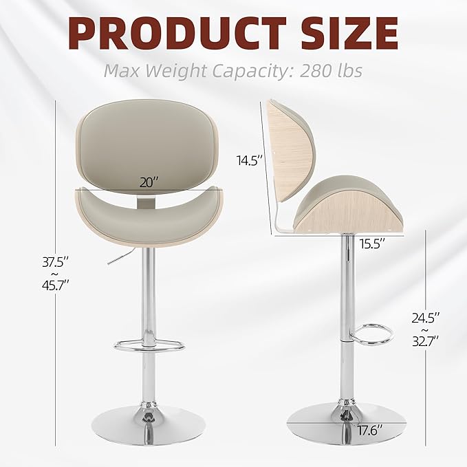 civama Bar Stools Set of 3 for Kitchen Counter, Adjustable Bar Height Chairs, Modern Swivel Barstools with Bentwood Seat and Back with Footrest for Kitchen Island, Dining Room, Grey PU Leather