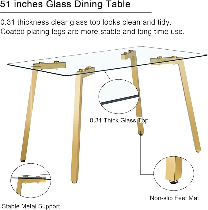 Dining Table Set of 4,51" Rectangle Tempered Glass Table Top with Golden Metal Legs,Kitchen Room Table with 4 Black Faux Leather Chairs,Dinner Tables Set for Dining Room Office
