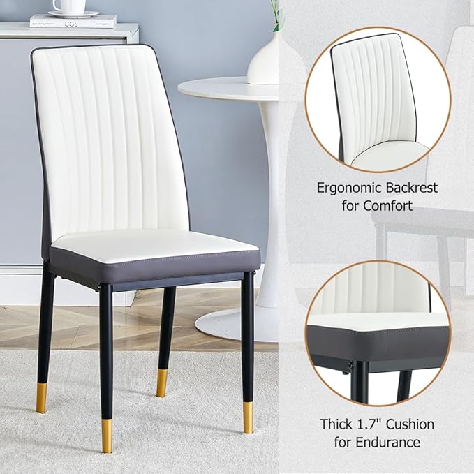 Modern Marble Dining Table Set for 4 - Rectangular Kitchen Table With PU Leather Upholstered Chairs for Dining Room (Off White-C, White)